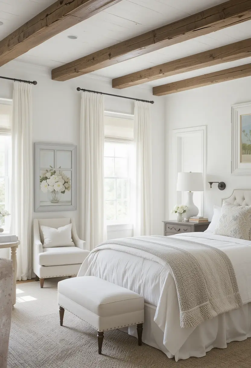 Bright farmhouse bedroom featuring heavy wood ceiling beams contrasted with light upholstered furniture and white bedding.
