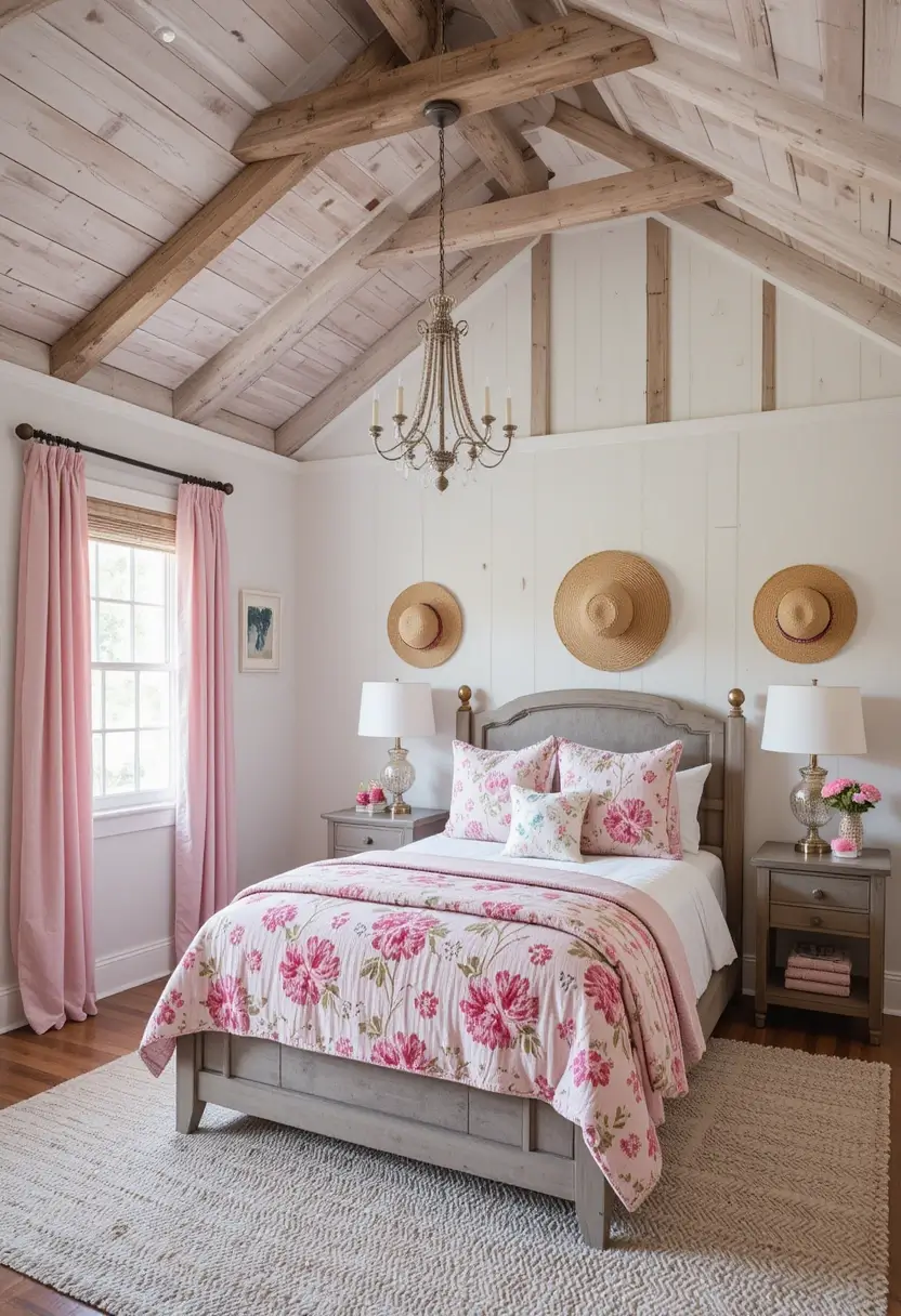 Farmhouse bedroom with vaulted wood ceiling, grey wood bed, and bright pink floral bedding and curtains.