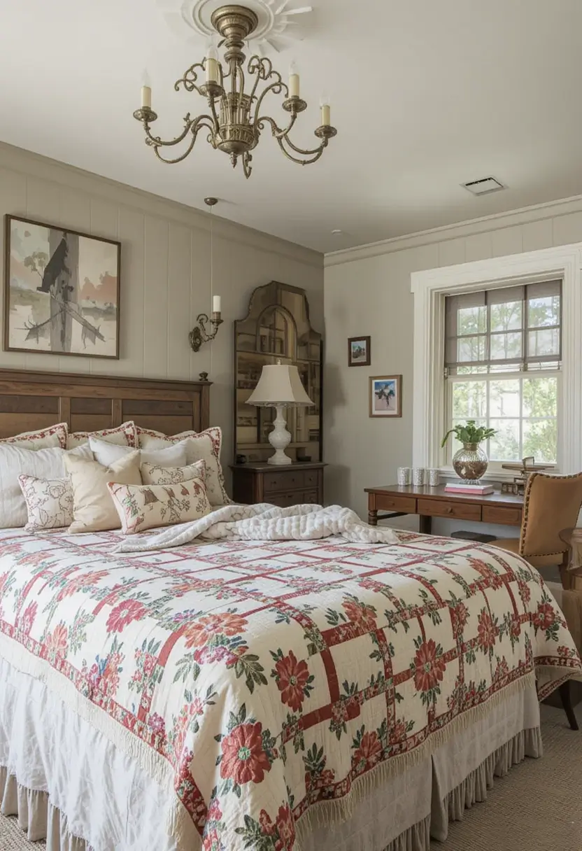 Traditional farmhouse bedroom featuring a floral block print quilt, wood paneling, and a brass chandelier.