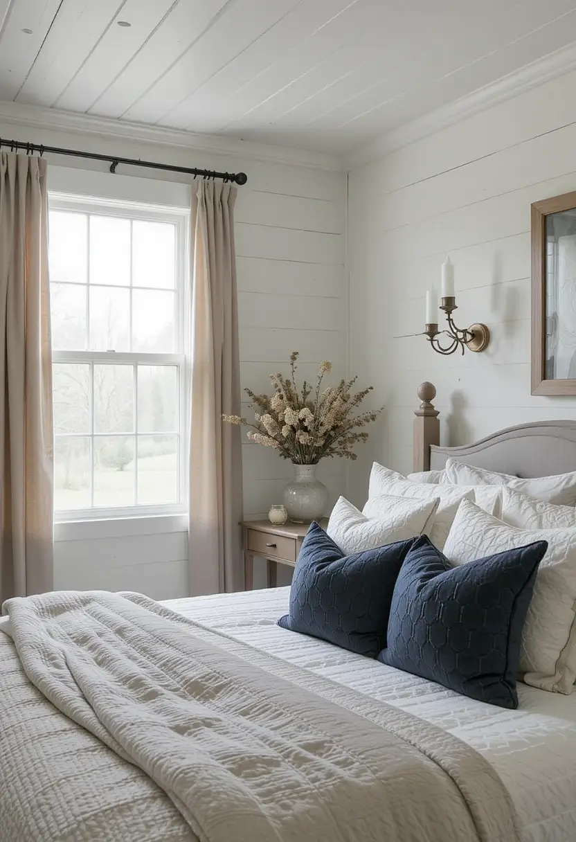 Farmhouse bedroom with white shiplap walls, grey wood bed, and a wall-mounted candle-style sconce light.