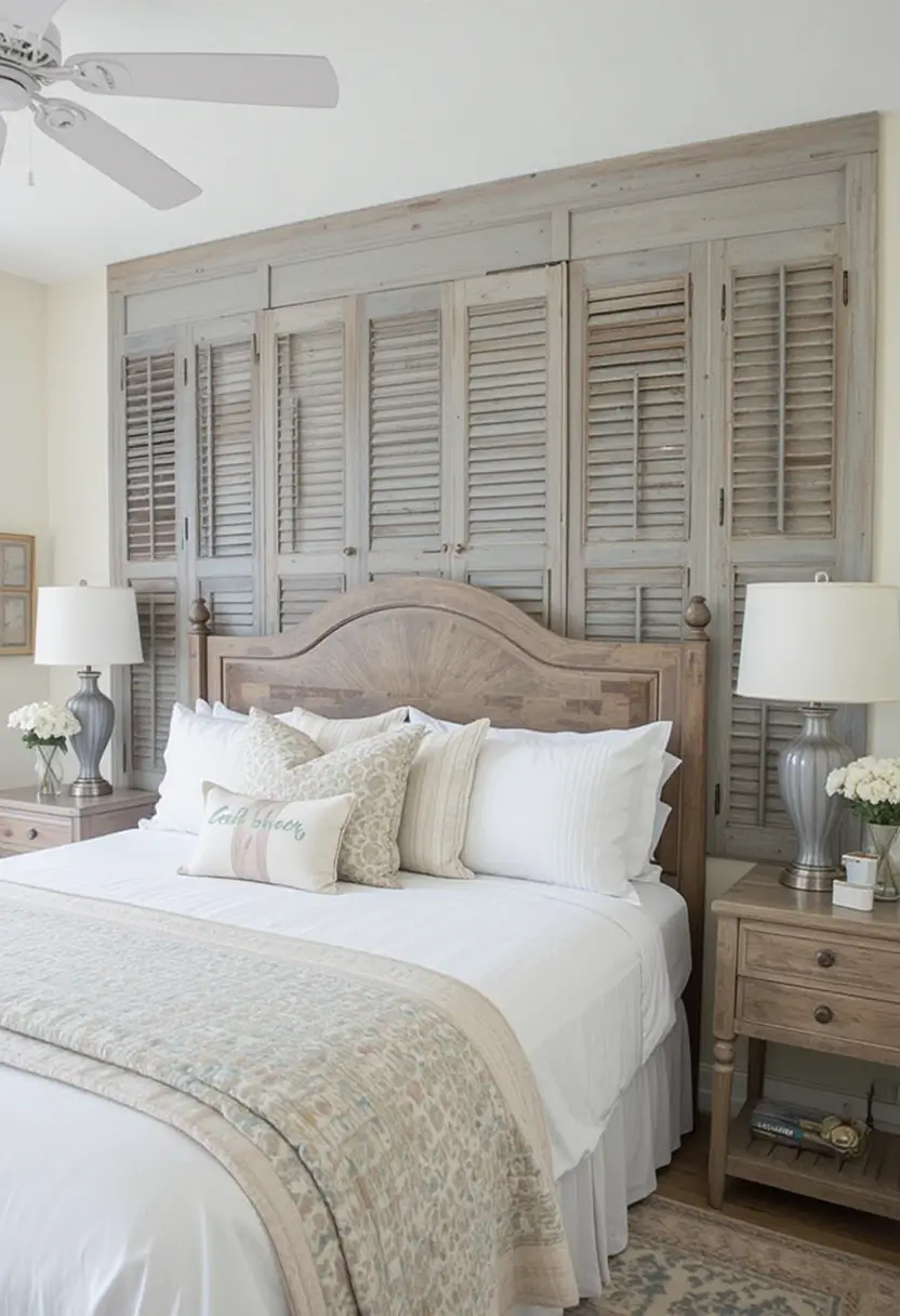 Farmhouse bedroom featuring a large feature wall made of repurposed grey vintage shutters behind a light wood bed.