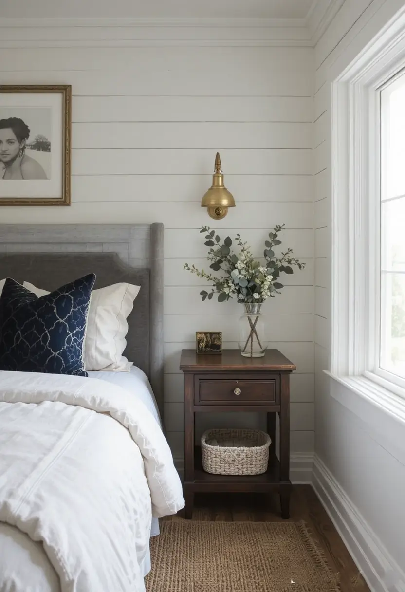 Farmhouse bedroom nightstand with a vase of eucalyptus next to a grey upholstered bed against white shiplap walls.