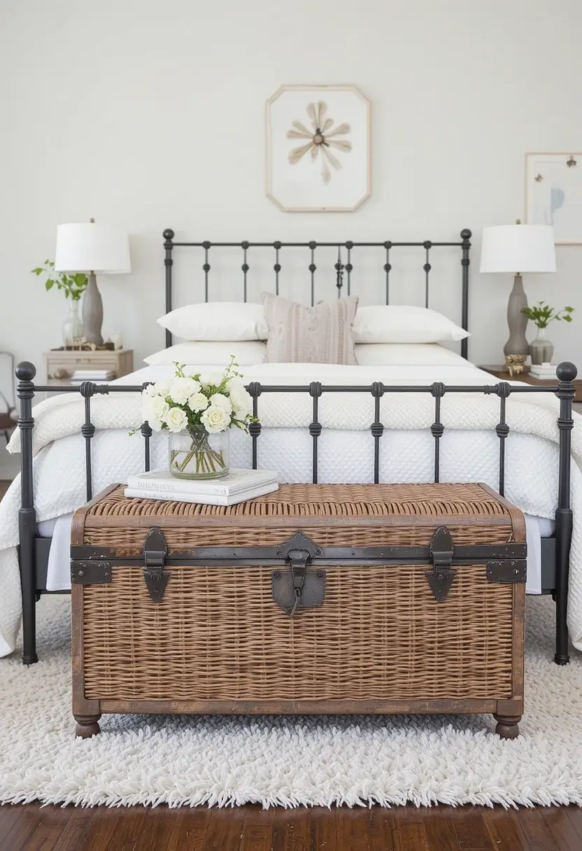 Farmhouse bedroom with a black metal bed and a large woven storage trunk at the foot on a high-pile rug.