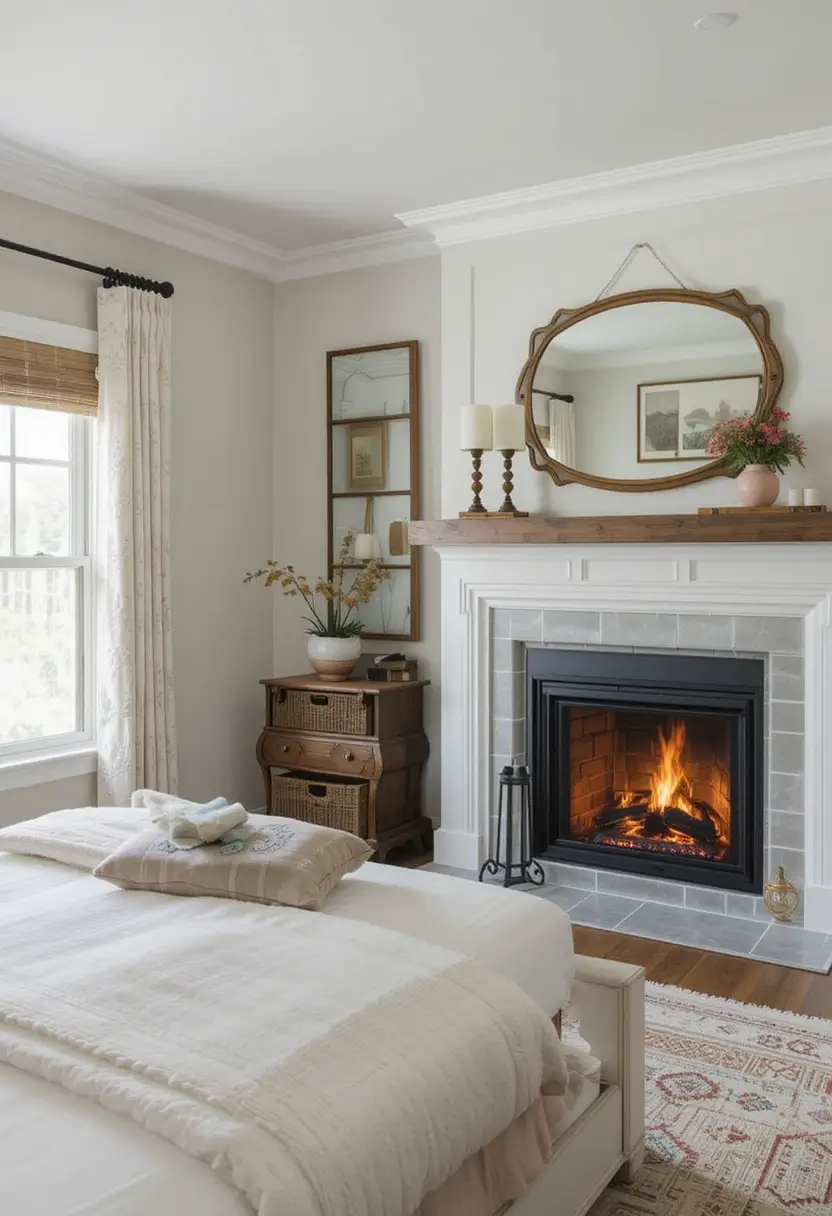 Cozy farmhouse bedroom featuring a fireplace with a wood mantel and tile surround, and a large mirror above.