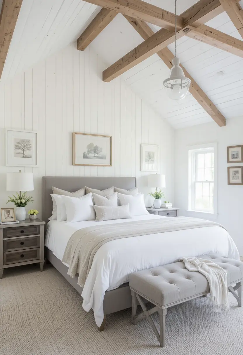 Serene farmhouse bedroom with vaulted ceiling, white paneling, and coordinating grey upholstered bed and bench.