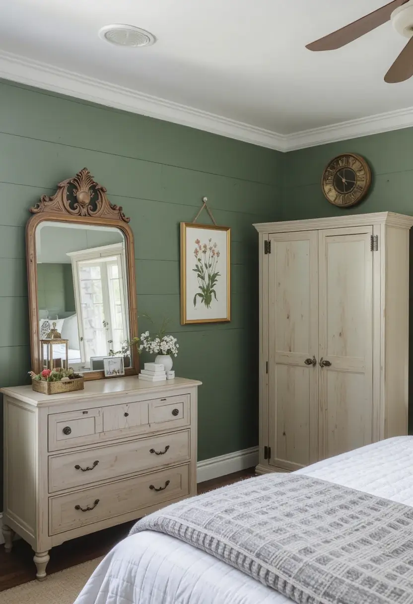 Farmhouse bedroom featuring dark green shiplap walls contrasted with light wood furniture, including a dresser and wardrobe.