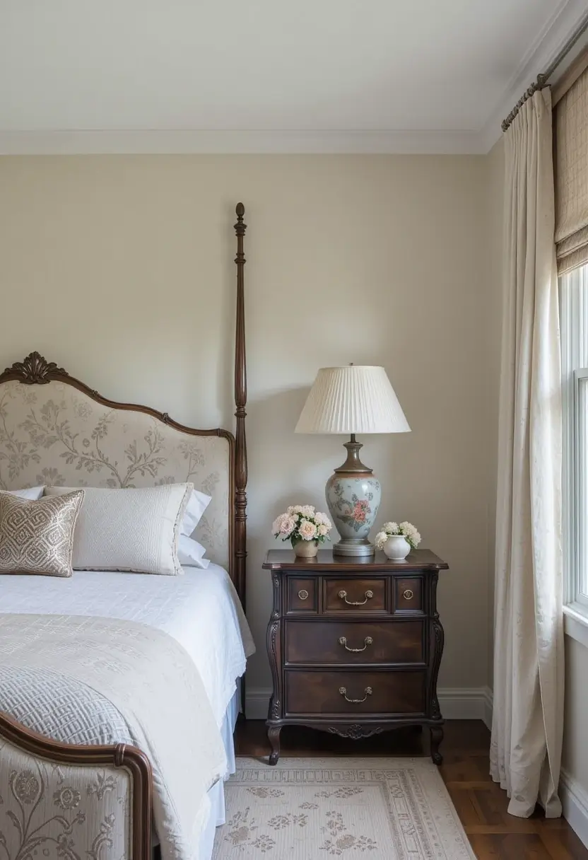 Elegant farmhouse bedroom featuring a bed with patterned upholstery and wood posts next to a dark wood bombé chest nightstand.