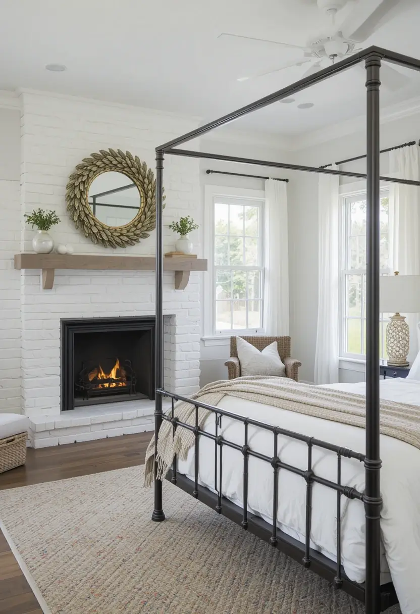 Modern farmhouse bedroom featuring a white painted brick fireplace below a round decorative mirror, with a black metal canopy bed.