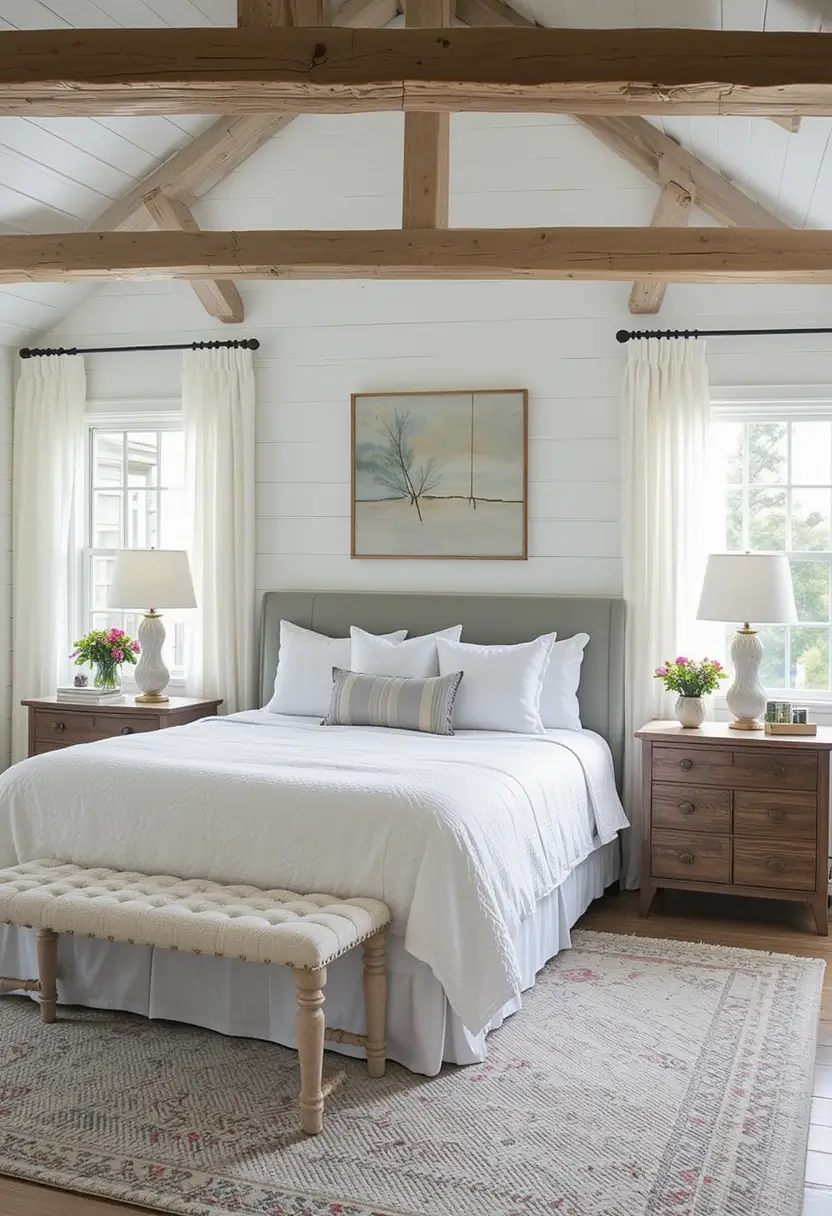 Modern farmhouse bedroom with wood beams, shiplap walls, grey upholstered bed, and a patterned area rug.